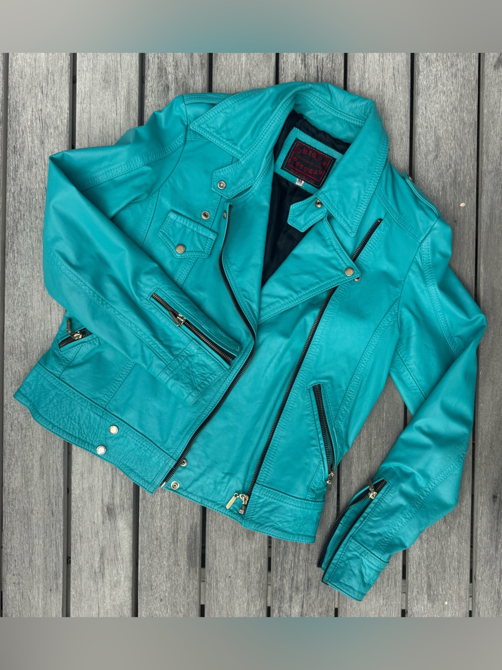 Turquoise Women's Leather Moto Jacket